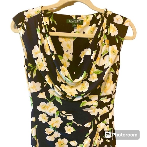 Ralph Lauren Navy Sleeveless Cowl Neck Yellow Floral Dress, size 2 - Picture 8 of 13